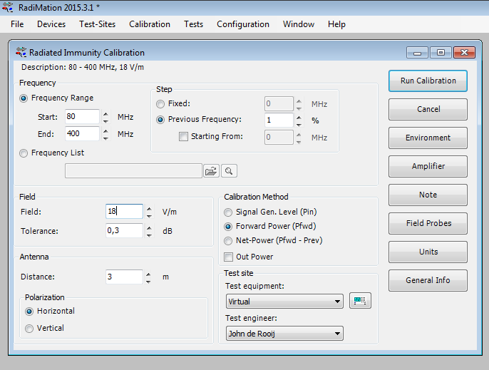 example radiated immunity calibration configuration