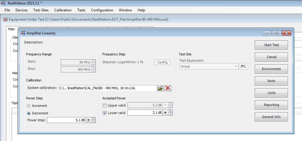 Configuration of the Amplifier Linearity test