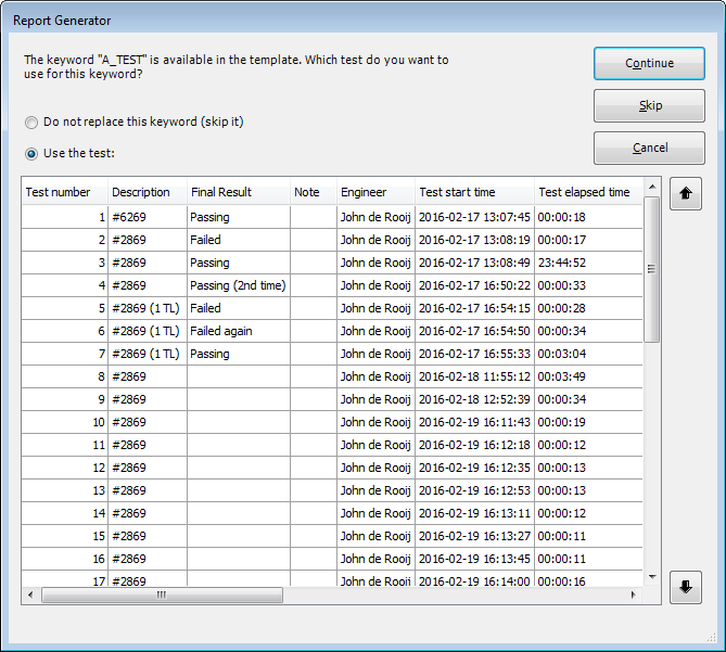 Report generator test selection, showing the 'Final Result' column