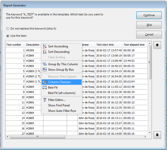 Report generator test selection window, showing the right click menu