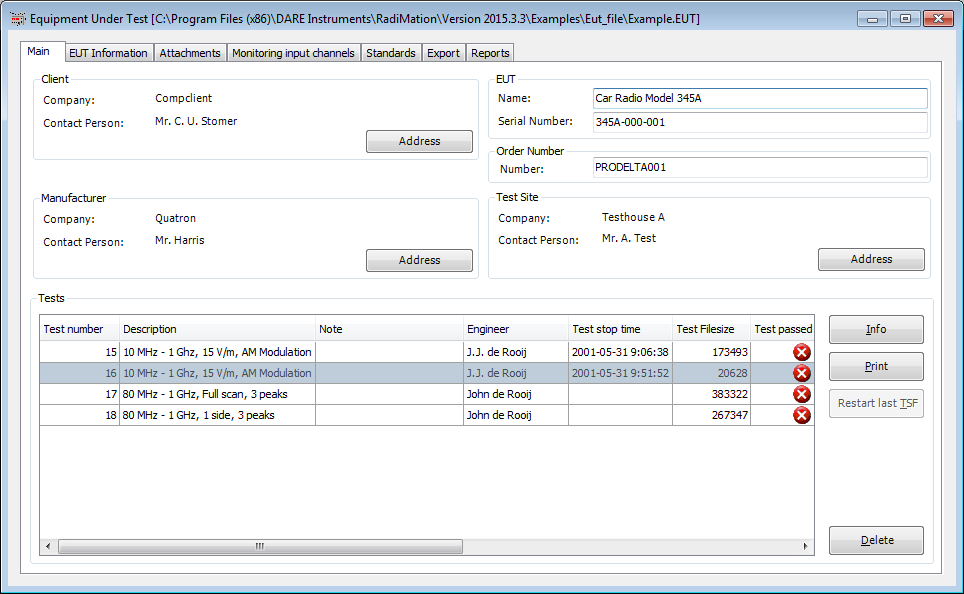 Main tab of the EUT Window, showing the list of tests