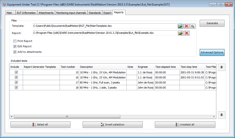 Report generator tab of the EUT window