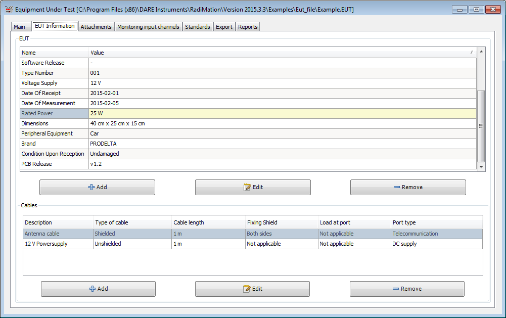 Information tab of the EUT Window, showing additional information of the EUT