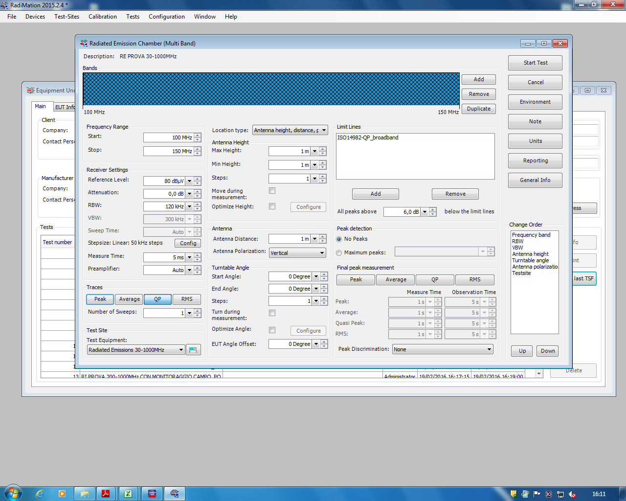 TSF Configuration of the test