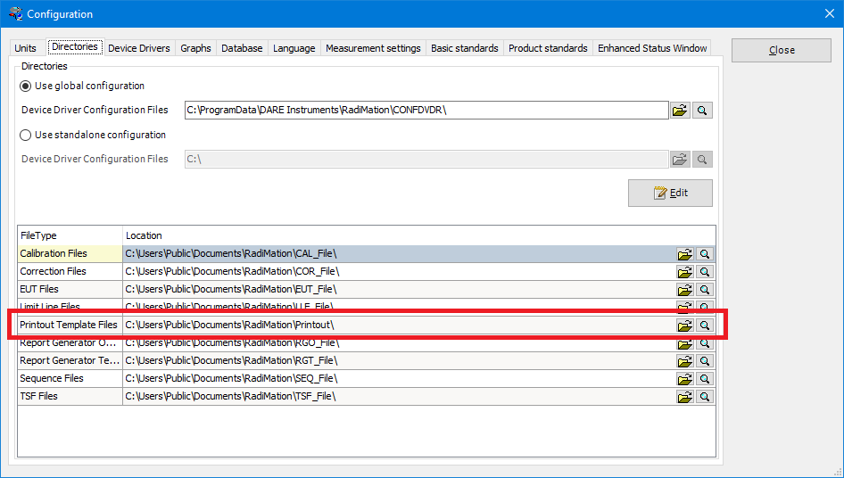 Printout template directory selection on the RadiMation configuration window