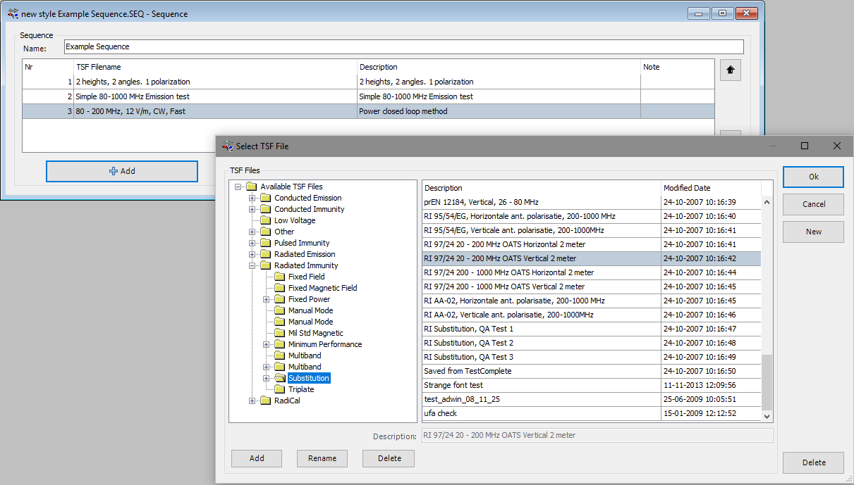 New sequence window while selecting a TSF to add