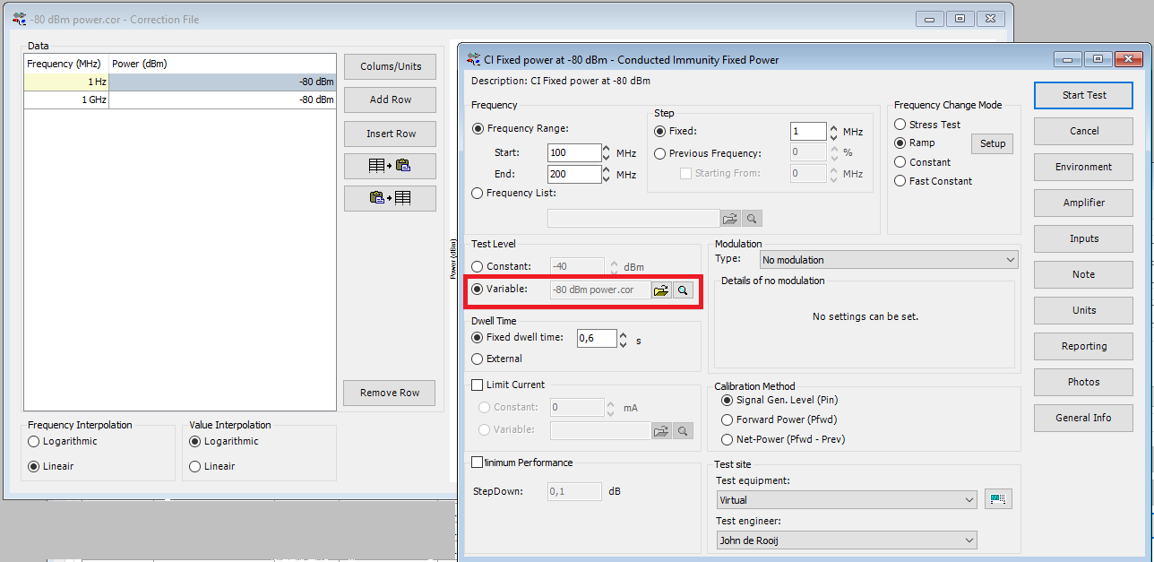 Variable testlevel file of -80 dBm in a CI Fixed power test