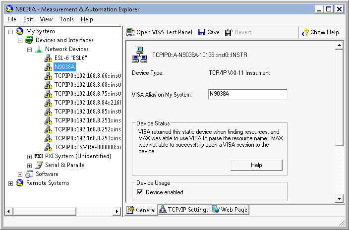 Screenshot of the device parameters in National Instruments Measurement &amp; Automation Explorer