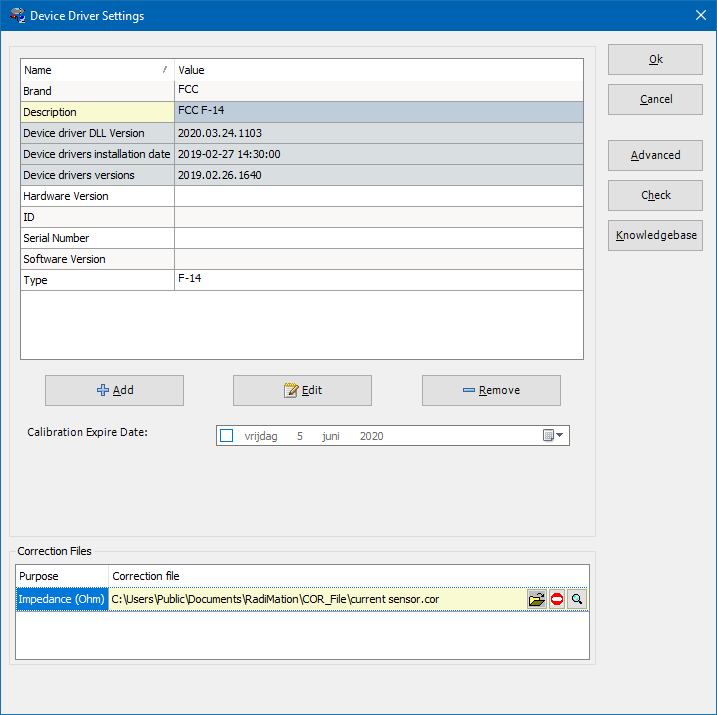 The device driver configuration dialog of a current sensor