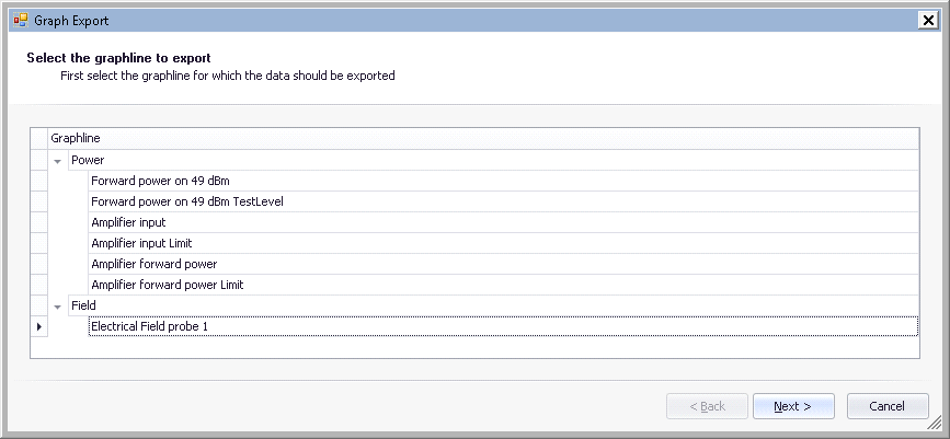 The graphline export window that allows the selection of the to be exported graphline